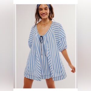 Free People Bop Around Romper in a blue and white striped pattern
